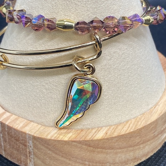 💜🪽ALEX AND ANI💜🪽Crystal Infusion Angel Wing & Beaded Charm Bangle Set of 2/EUC - Picture 5 of 5
